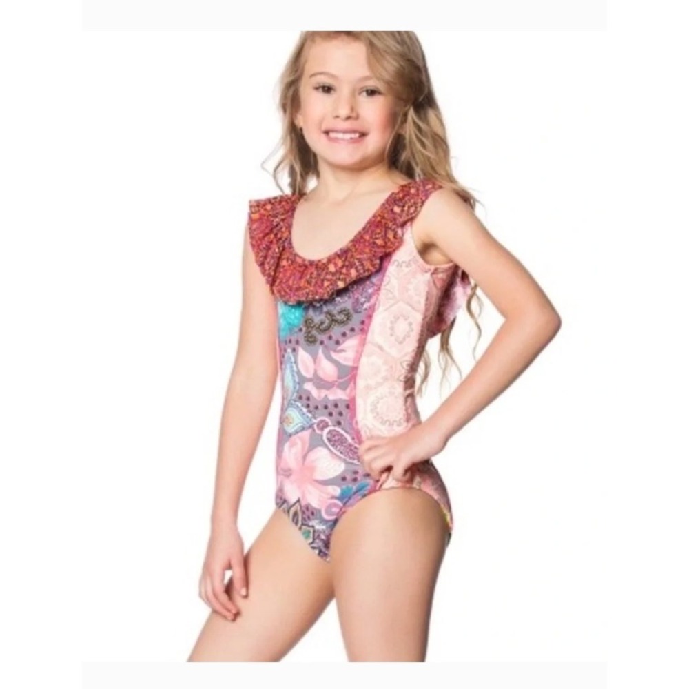 Maaji One Piece Swimsuit‎ GIRLS 16/ US 10 Floral Ruffle Reversible Bohemian EUC